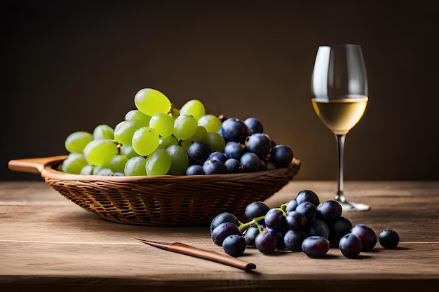 Photo grapes are placed in a basket on a table