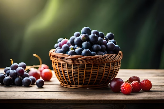 Grapes are placed in a basket on a table