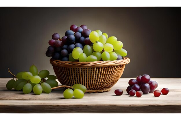 Grapes are placed in a basket on a table