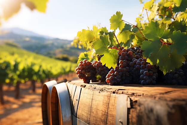 Grapes in a barrel on the terrace of vineyard