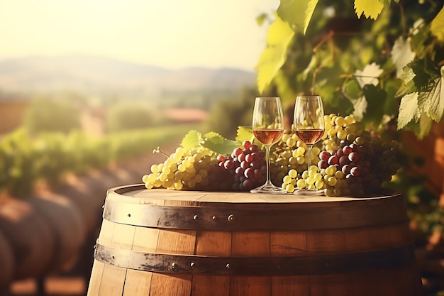 Grapes in a barrel on the terrace of vineyard