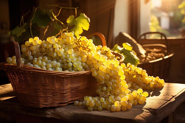 Виноград в корзине на фоне листьев винограда