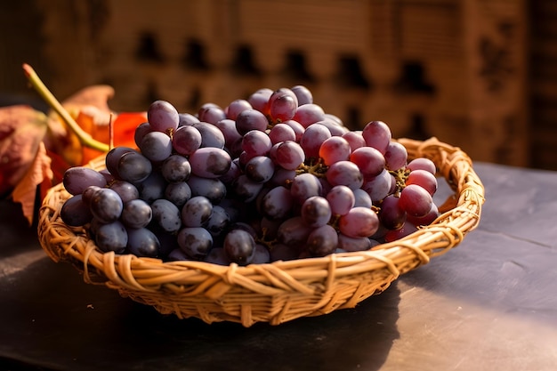 Grapes in a basket on a dark background