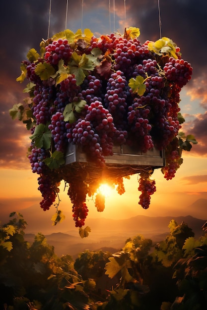 grapes in a basket hanging from a basket with a sunset in the background