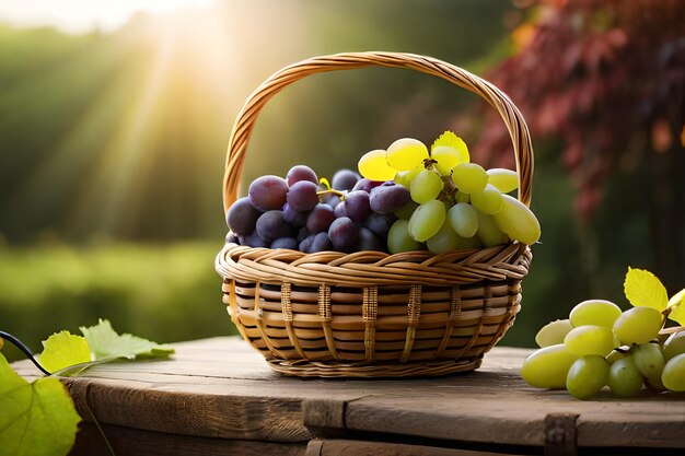 grapes in a basket on a table in the sun