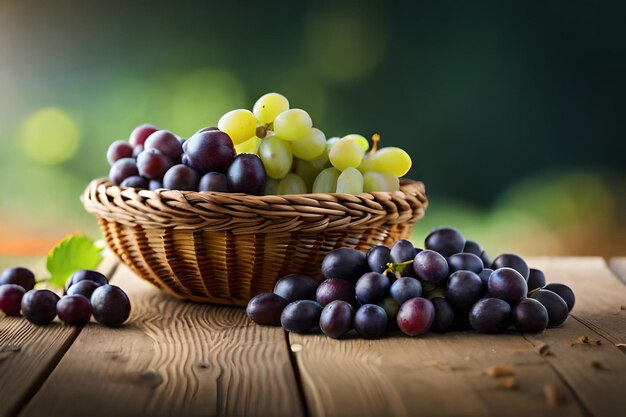 Grapes in a basket on a table with a green background.