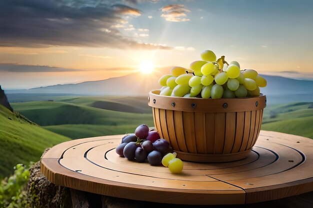 Grapes in a basket on a table with a sunset in the background