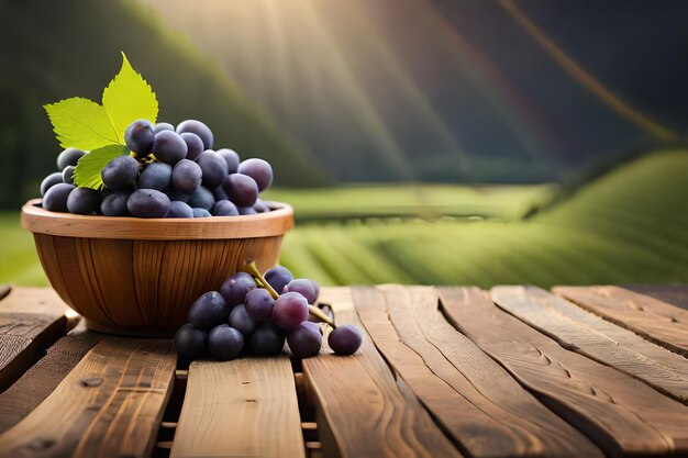 Grapes in a basket on a wooden table