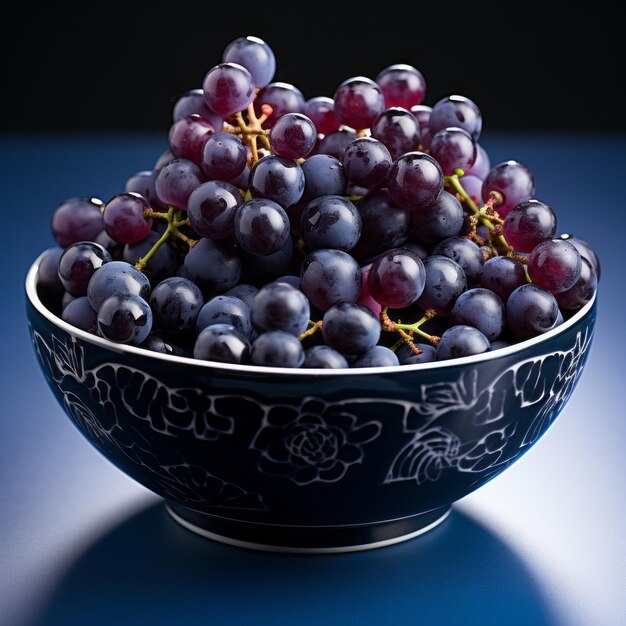 濃い青い背景の鉢の中のブドウ ジェネレーティブAI