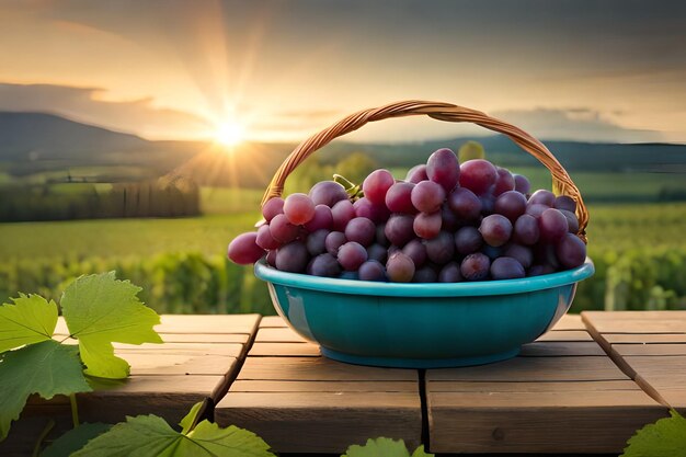 grapes in a bowl on a table with a sunset in the background.