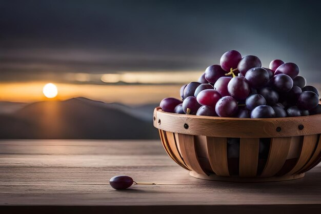 Grapes in a bowl with sunset in the background