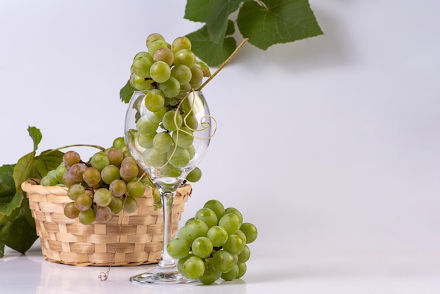 Grapes, bunches of green grapes placed together with a straw basket and a bowl on white surface, selective focus.