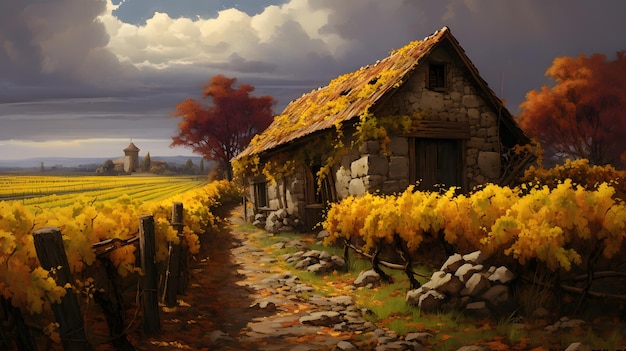 Grapes in the fall with a small barn in the style