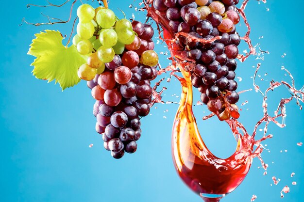 grapes falling into wine glass causing splash blue