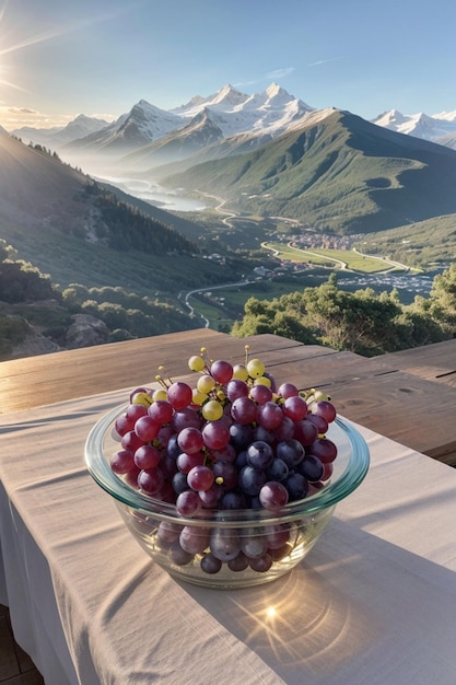 Photo grapes in a glass container with mountains in the background