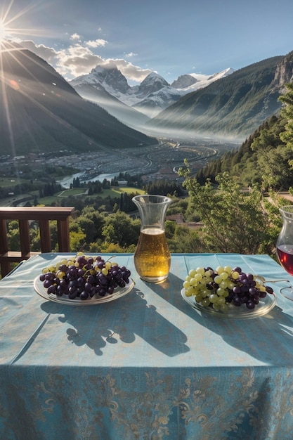 grapes in a glass container with mountains in the background