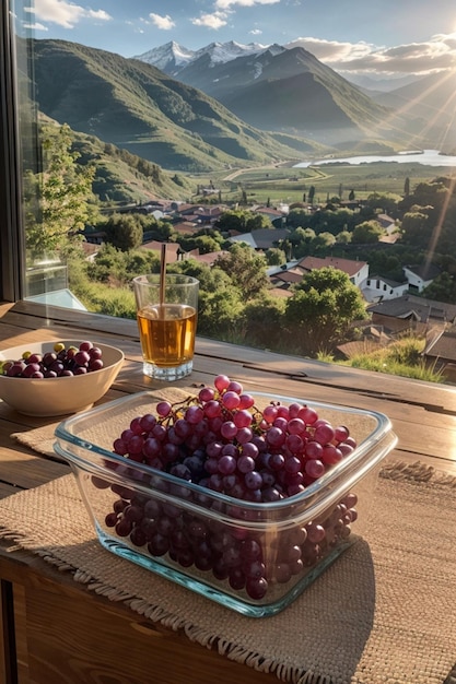 grapes in a glass container with mountains in the background