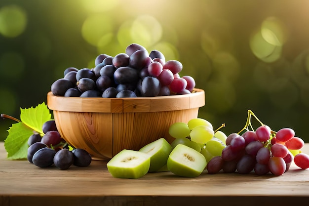 Grapes and grapes in a bowl on a table