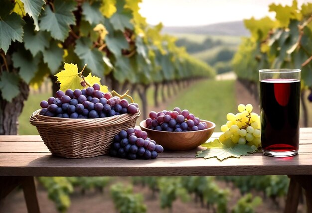 виноград и виноград на столе с стаканом воды