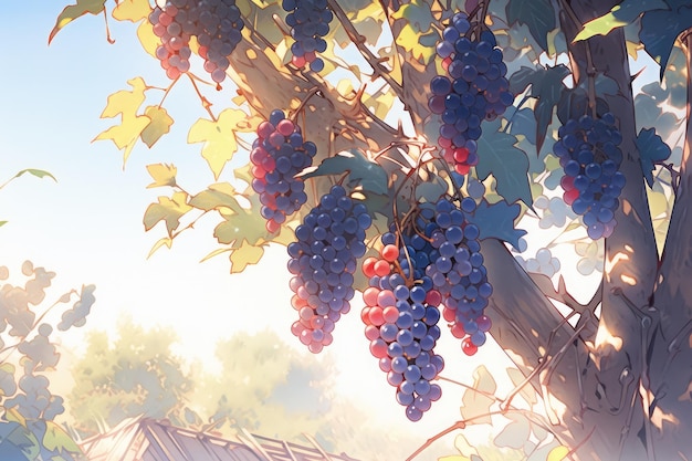 Grapes hanging from a tree with the sun behind them.