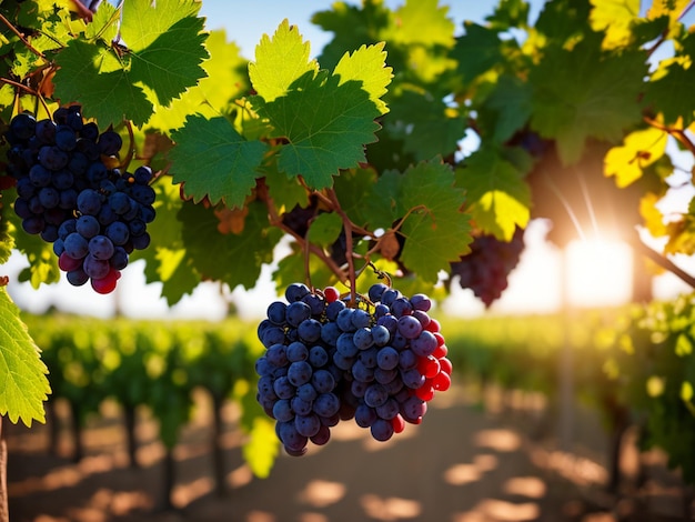 Grapes hanging on a vine in a vineyard