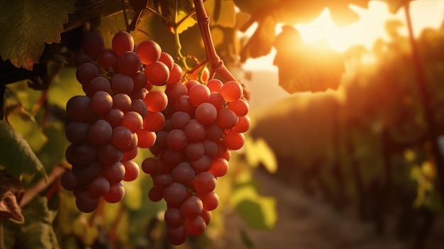 Grapes hanging on a vine with the sun setting behind them