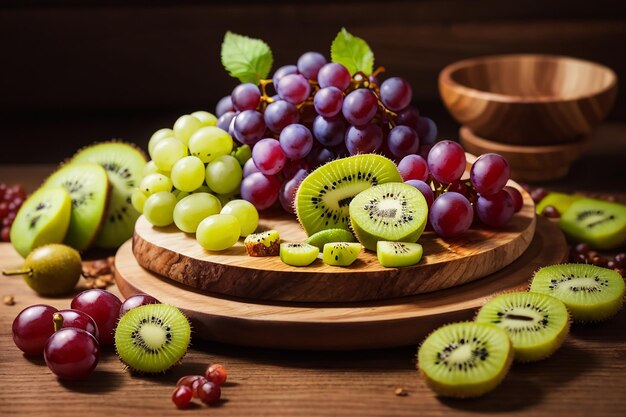 Grapes and kiwi slices on wooden plate