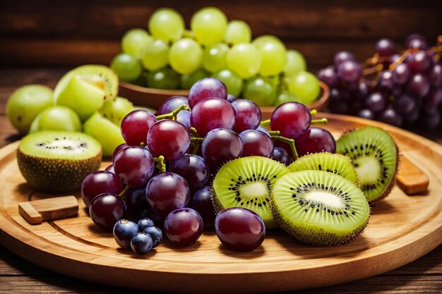 Photo grapes and kiwi slices on wooden plate