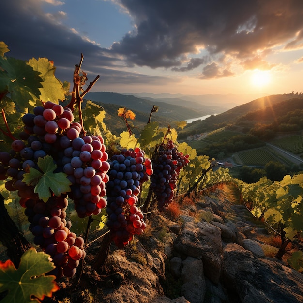 grapes on a mountain with a sunset in the background