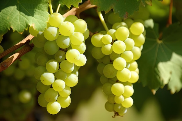 Grapes on the vine are green and white.