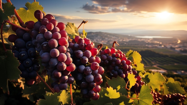 Grapes on the vine in the evening glow Nature background with Vineyard in autumn harvest