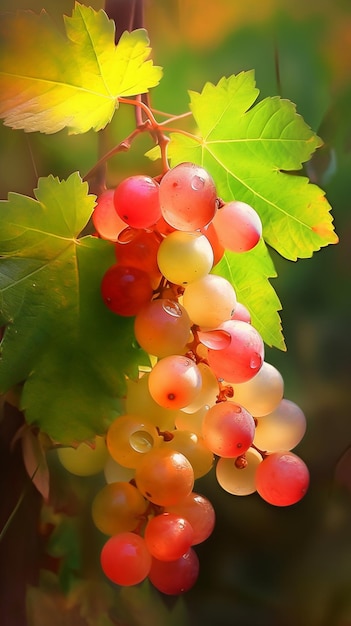 Grapes on a vine with leaves.