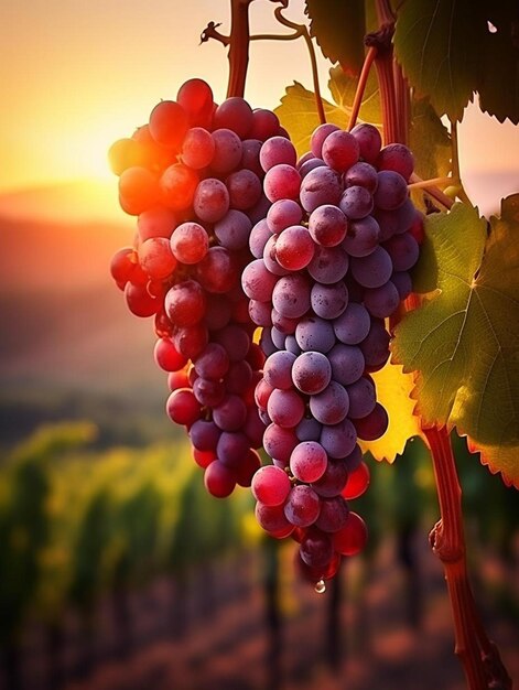 grapes on a vine with the sun setting behind them