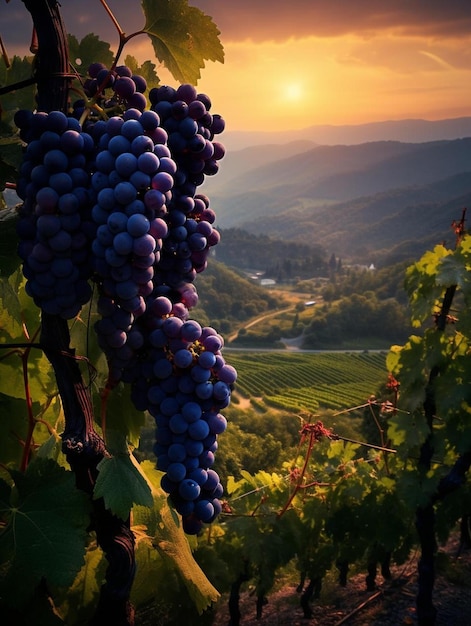 grapes on a vine with the sun behind them