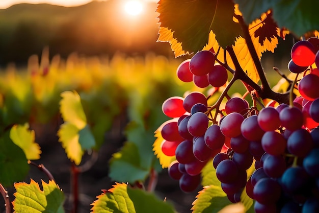 Grapes on a vine with the sun behind them