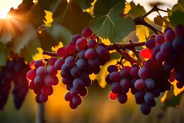 Grapes on a vine with sunset in the background