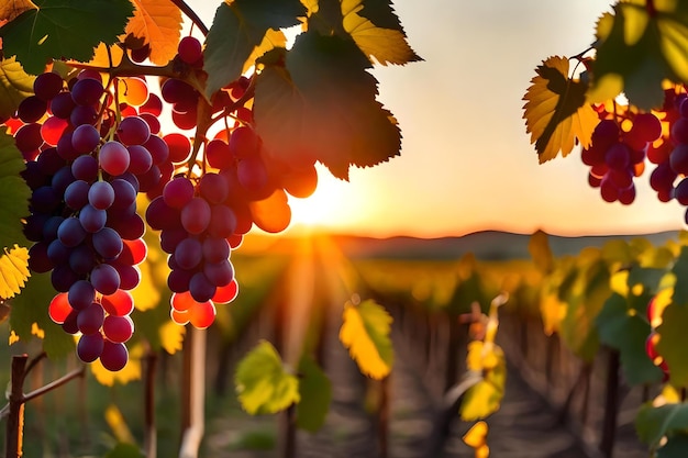 Grapes on a vine with sunset in the background