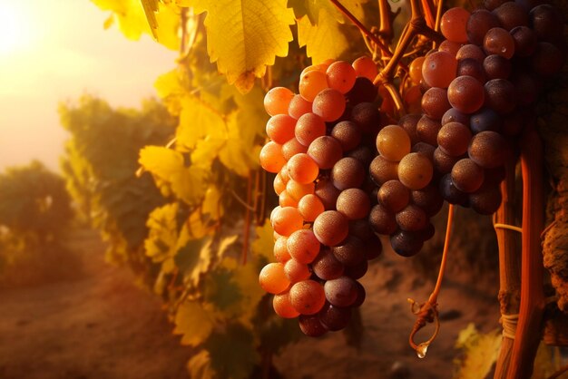 Grapes in vineyard in rays of sunset Generative AI