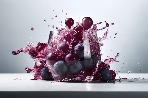 виноград и вода в стакане, стоящем на столе посреди комнаты