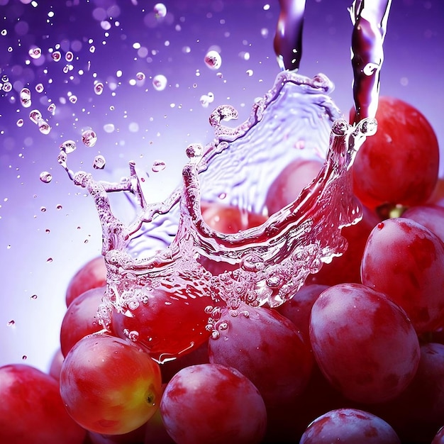 Grapes and water splashing on a purple background