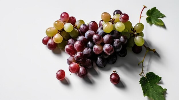 Grapes on a white table with green leaves