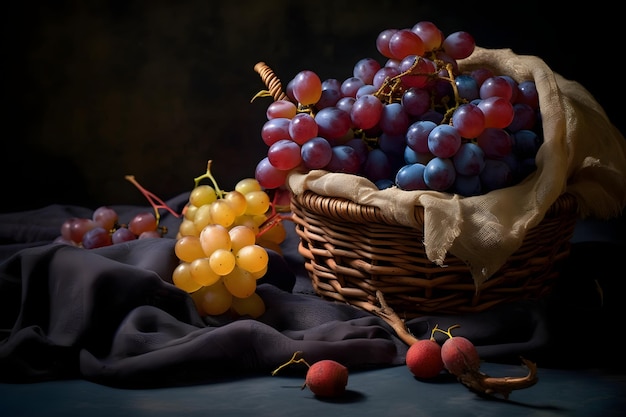 Виноград в плетеной корзине на темном фоне