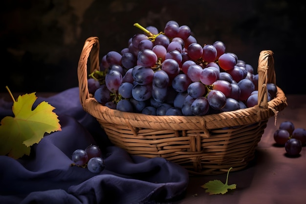 Photo grapes in a wicker basket on a table