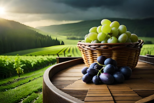 grapes in a wicker basket on a table