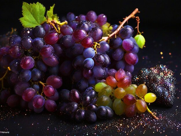 The grapes with glass work and water drop glitter tiny full size black background