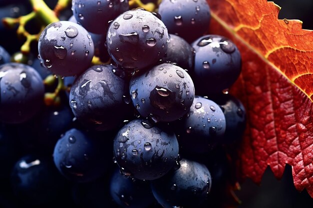 Foto uva con gocce d'acqua su uno sfondo scuro