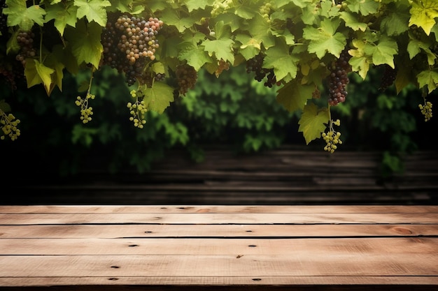 Grapevine Paradise Empty Wooden Table with Natural Background Generative Ai