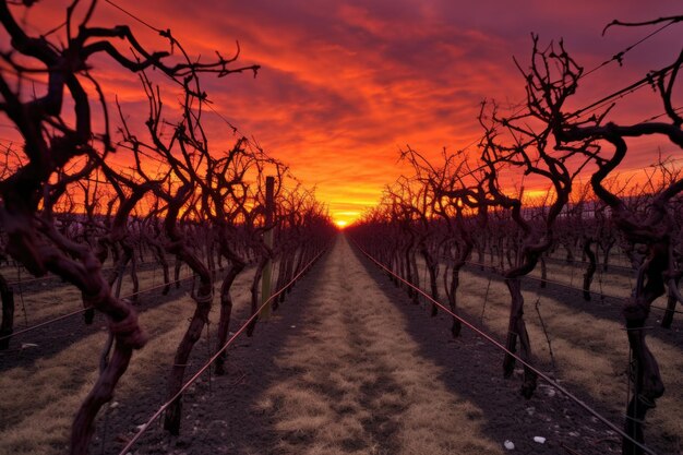 Grapevines under the fiery glow of winter sunset