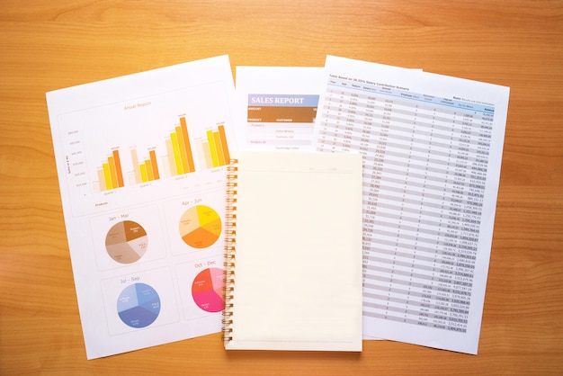 graph chart business document and coffee cup on Wood Table.
