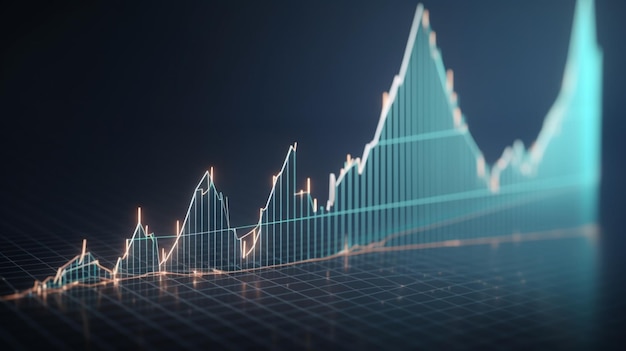 Graph chart with moving up arrow stock market financial investment diagram on blue background